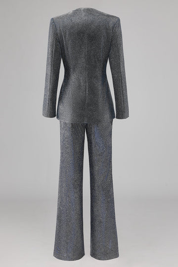 Gris Bleu Col en V Costume Femme Simple Bouton